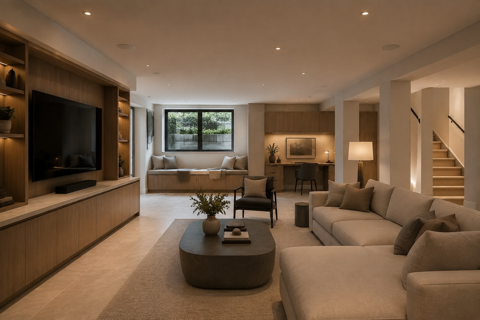 Concept visualization of a refined Toronto basement renovation.