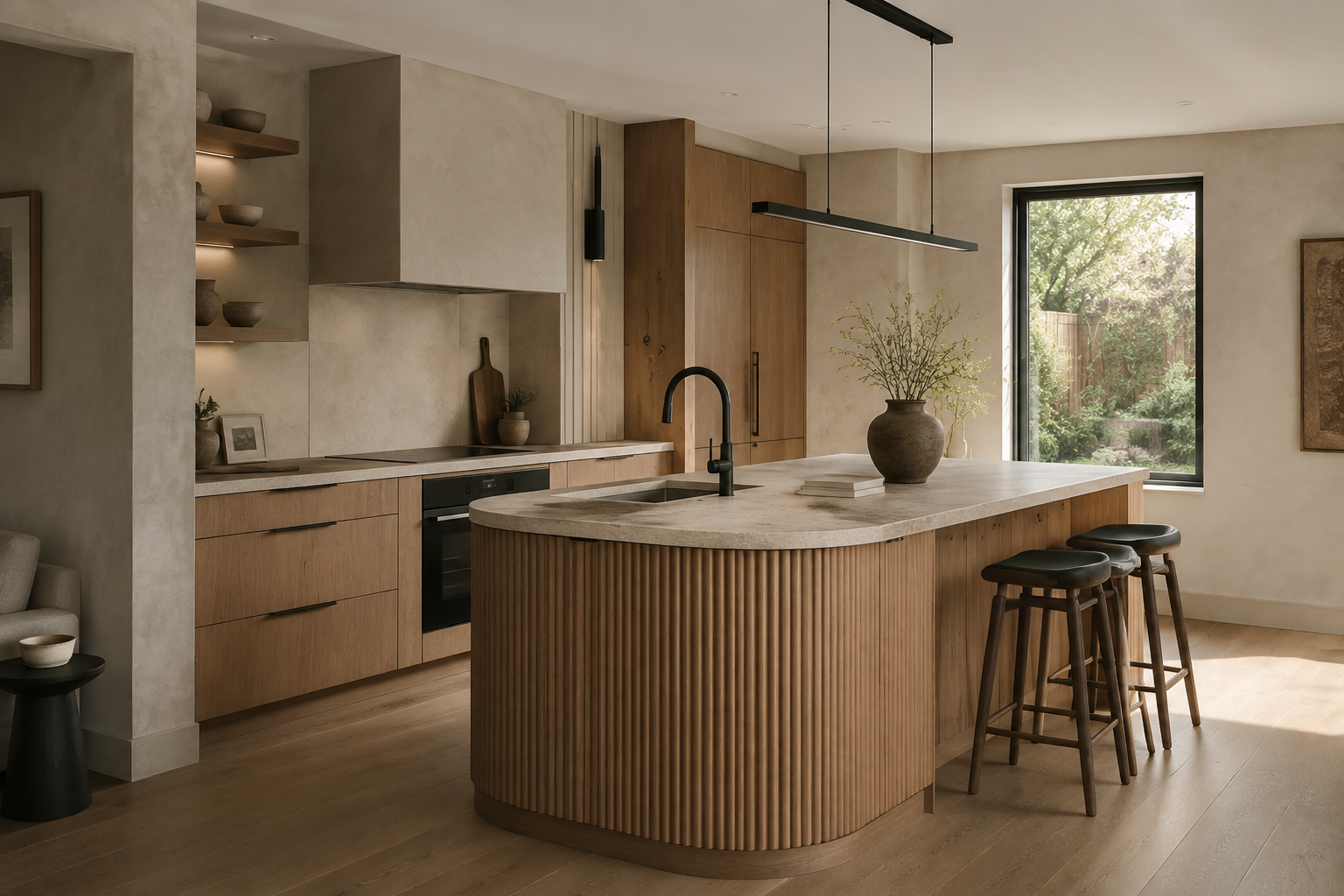 Concept visualization of a warm oak Toronto kitchen renovation.